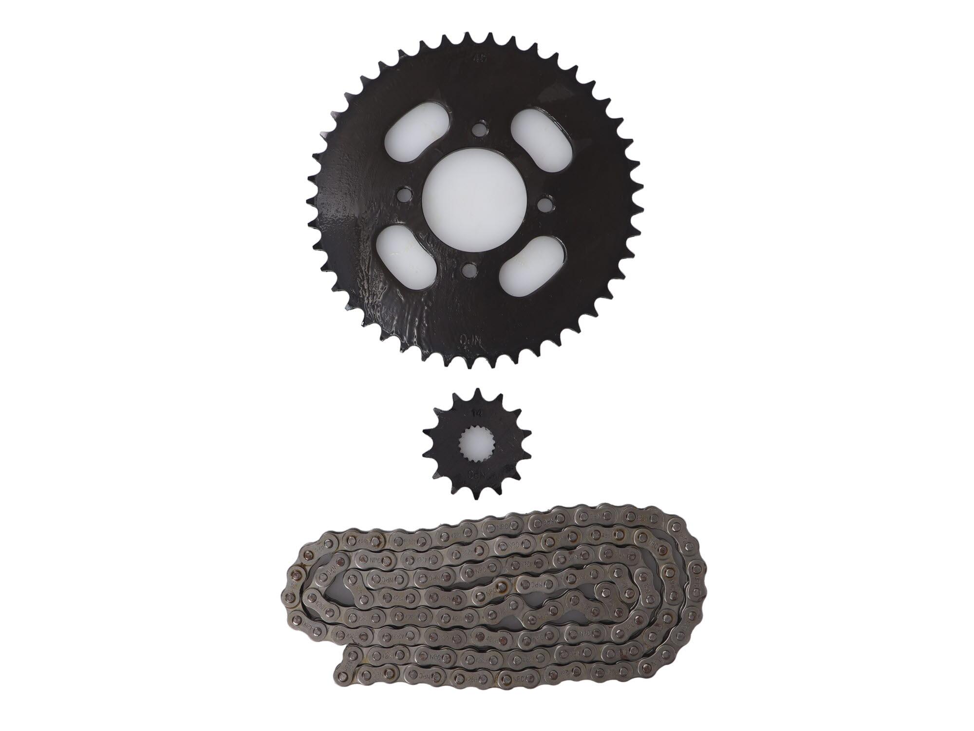 Kit Transmisión Suzuki En-125/Gs-125 (14/45) (428H-120) Centro Catalina 58Mm/Perno Catalina 8.5Mm/Cantidad Perno Catalina 4/Distancia Perno-Perno Catalina 55Mm/Estria Interna