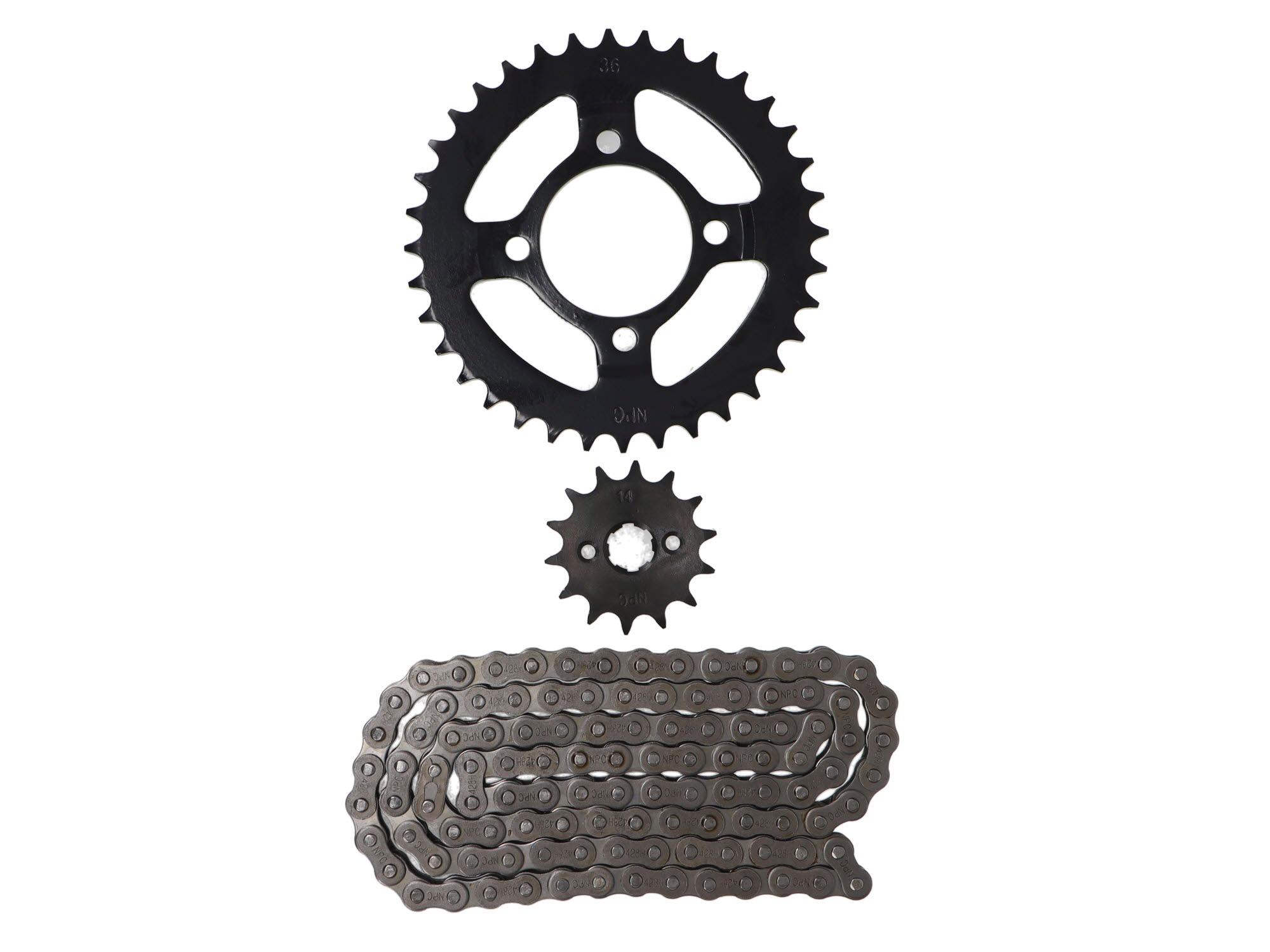 Kit Transmision Kinlon Jl 110 (14/36) (428H-110) Catalina 54Mm/Pernos Catalina 8.5Mm/Cantidad Pernos Catalina 4/ Distancia Perno-Perno Catalina 50Mm/Estria Interna Piñon 15Mm