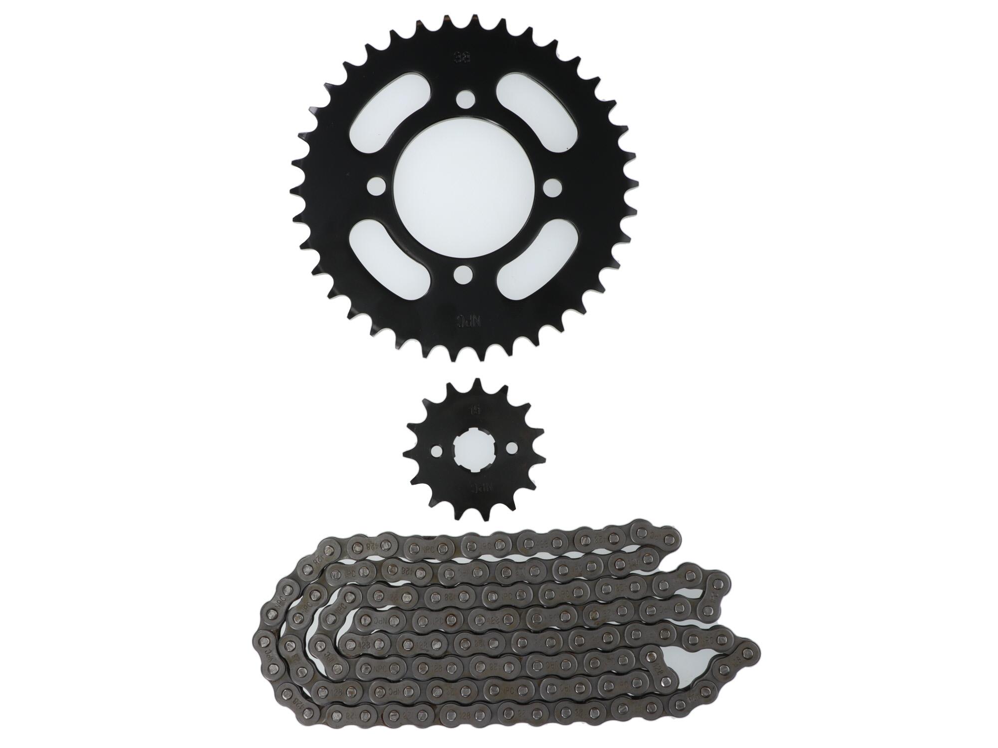 Kit Transmision Kinlon Jl-125 (15/38) (428-120) Centro Catalina 64Mm/Pernos Catalina 8.5Mm/Cantidad Pernos Catalina 4/Distancia Perno-Perno Catalina 56.5Mm/Estria Interna Piñon 18Mm/Estr